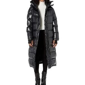 S13 New York Jet Black Long Maxi Glossy Puffer Quilted Down Coat XS Hooded